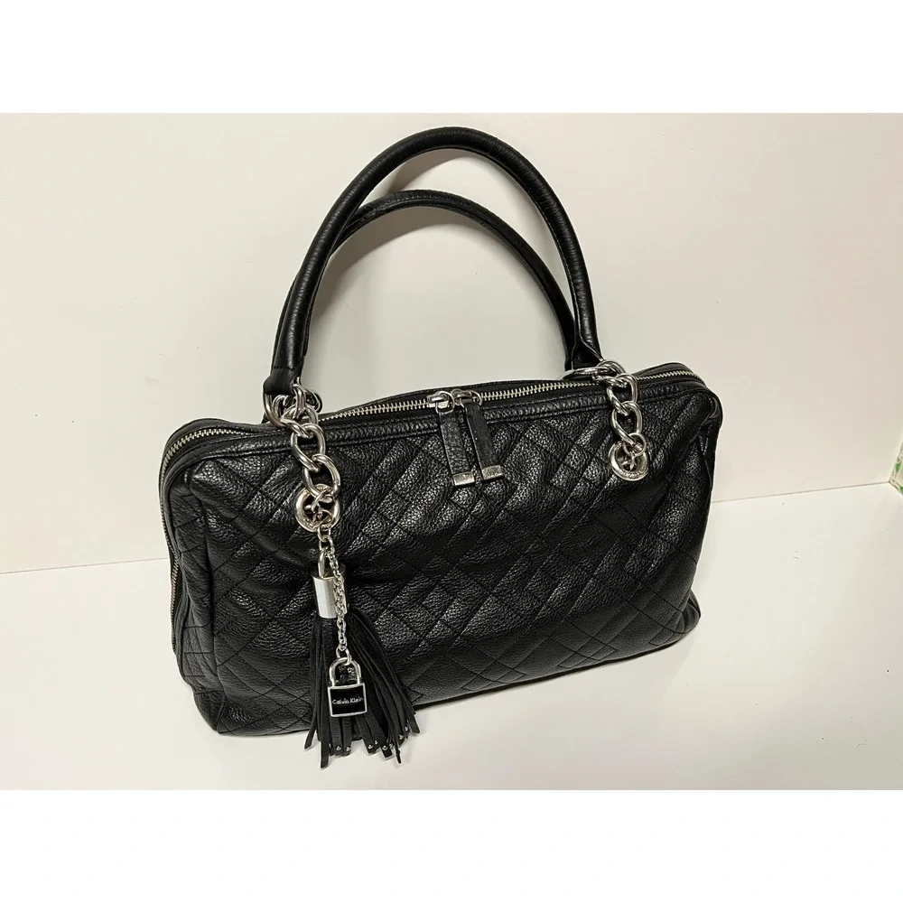 Calvin Klein Black Quilted Leather Satchel Bag Silver Chain Tassel Charm Handbag